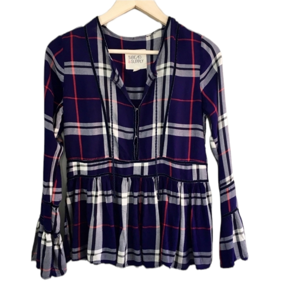Thread & Supply Plaid Flannel Top with Bell Sleeve Size M‎